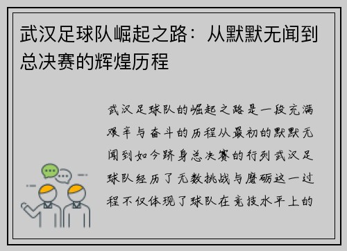 武汉足球队崛起之路：从默默无闻到总决赛的辉煌历程